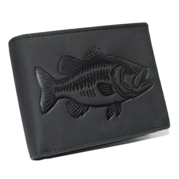 MARSHAL Fishermans RFID Blocking Vintage Leather Bifold Wallet with Debossed Bass Design for Outdoorsmen Black
