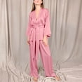 thumbnail image 4 of qolati Womens Pajama Sets Soft Ice Silk Night Robe with Belt and Wide Legs Pants Lounge Set 2 Piece Outfits Cozy Loose Long Sleeve Sleepwear Suits, 4 of 5