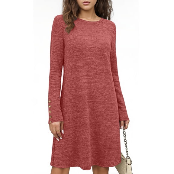 Womens Elegant Long Sleeve Short Dress Cotton Wedding Guest Crewneck Cocktail Dresses Pink XXL