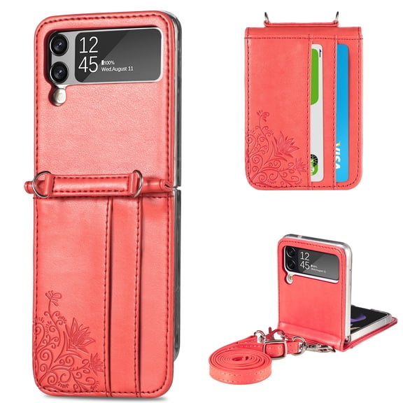 SaniMore for Samsung Galaxy Z Flip 4 (6.7" 2022) Case, PU Leather Skin with Card Slots Detachable Crossbody Lanyard Stylish Embossed Flower Anti-scratch Anti-drop Shockproof Girly Shell, Red