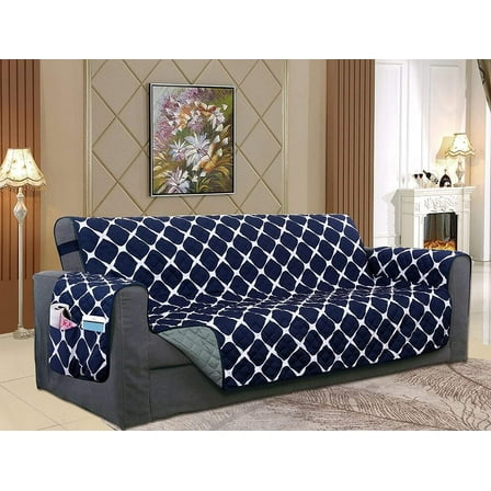 Quilted Reversible Furniture Protector For Pet Dog Children, Navy Blue Sofa