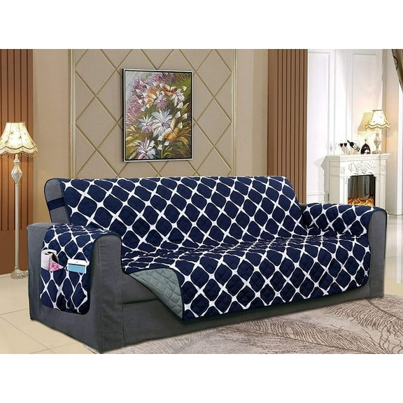 Quilted Reversible Furniture Protector For Pet Dog Children, Navy Blue Sofa