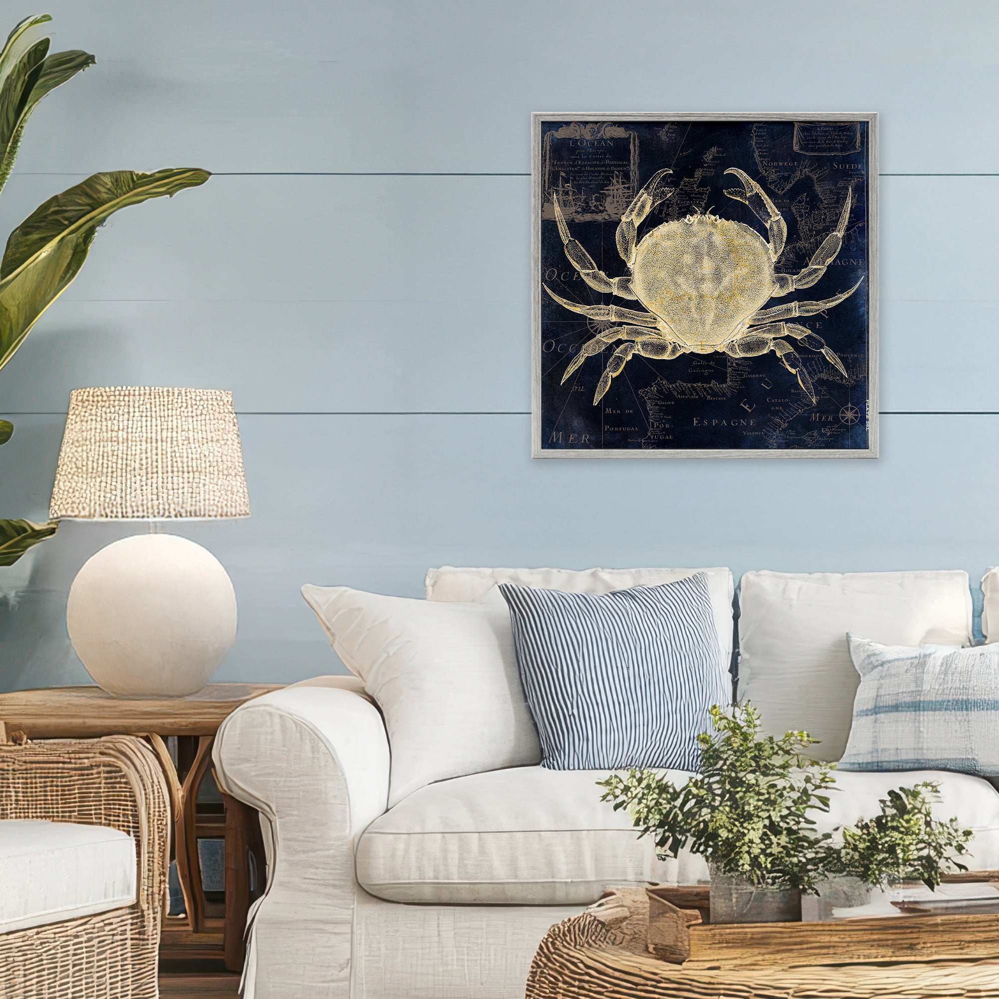 Crab Contour over Map Gray Framed Giclee Art, design by Sasha