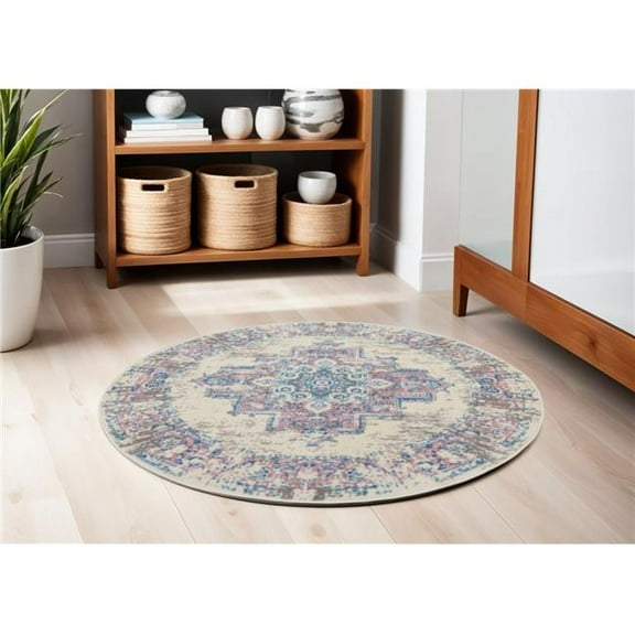 HomeRoots 546074 4 ft. Medallion Distressed Round Rug, Ivory, Pink & Blue