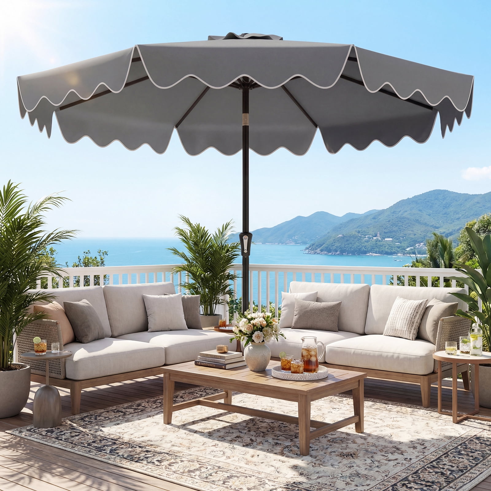Costway 9 FT Patio Umbrella with Weighted Base Sandbags Push Button Tilt Crank Sturdy Ribs Gray
