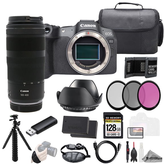 Canon EOS R8 Camera   RF 100-400mm f/5.6-8 IS USM Lens 128GB   Ext Bat  3 PC Filter- Kit (International Version)
