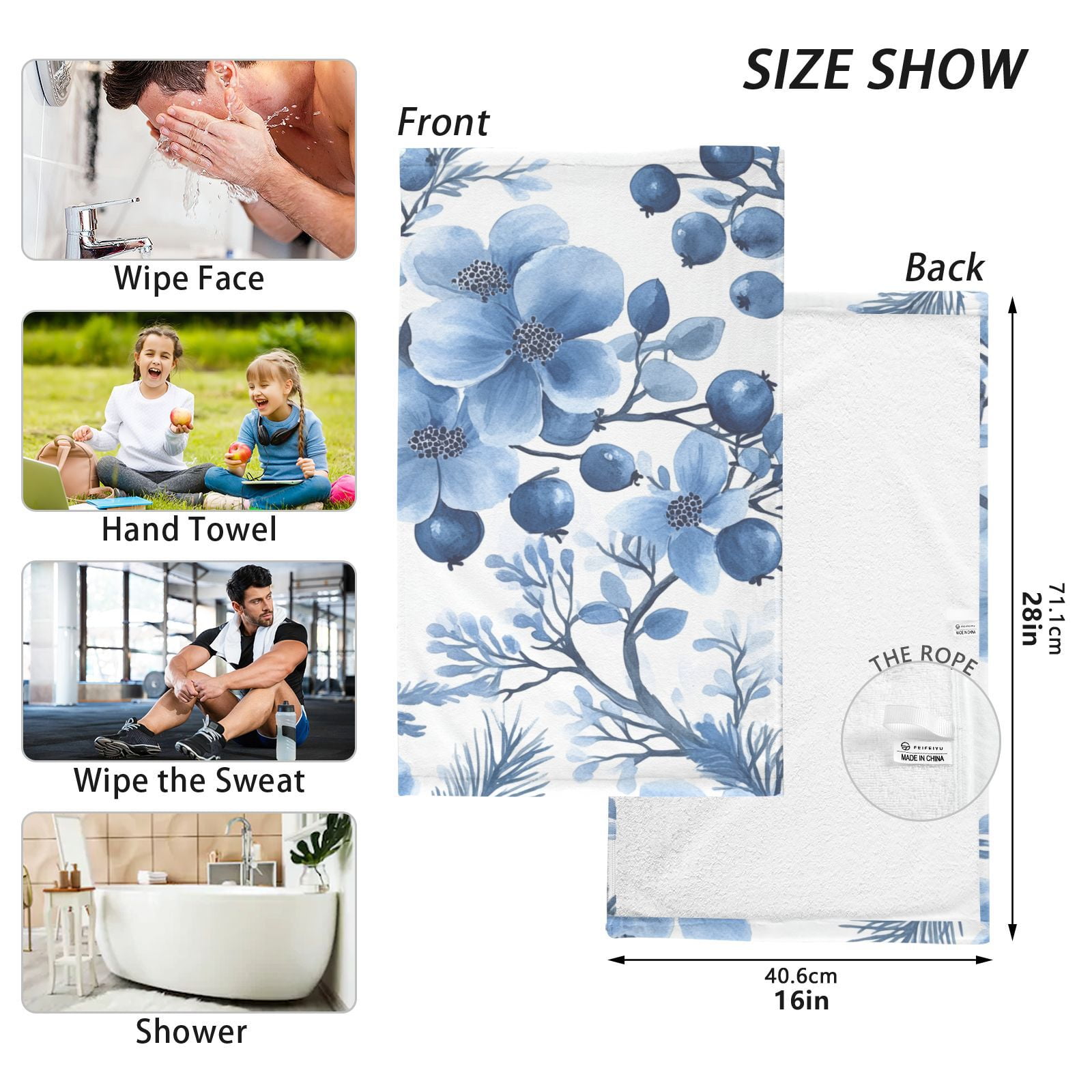 Floral Blueberries Flowers Hand Towels Cotton Bath Towels Large Face Towels Absorbent for Bathroom 2 Packs