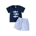 thumbnail image 2 of Toddler Baby Boy Summer Outfits Shark Applique Short Sleeve T-shirts and Striped Shorts 2 Piece Casual Set, 2 of 7
