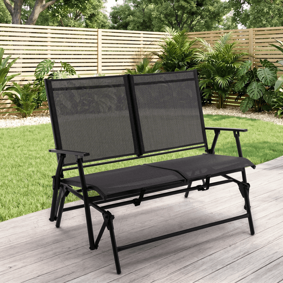 SAETSFEG Installation-free Glider Bench, 2-Person Outdoor Patio Rocker, Foldable Swing Loveseat for Porch, Backyard, Garden, Black