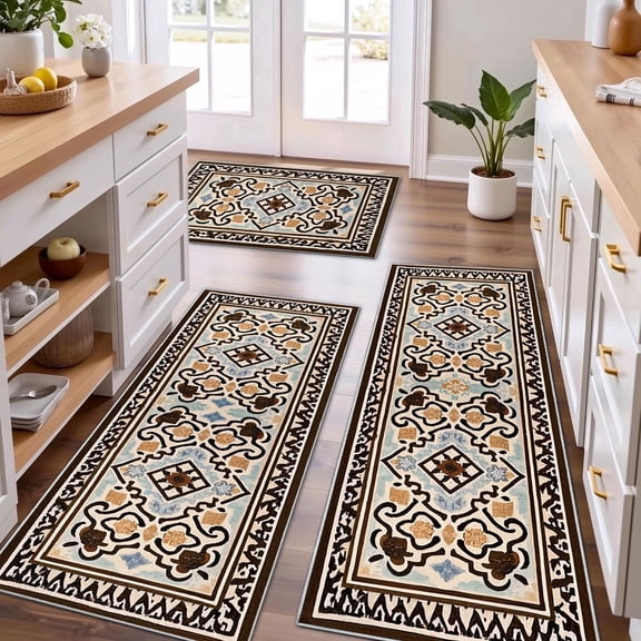TECHVIDA Kitchen Rugs  Set 3 Piece,Kitchen Mats for Floor, Non-Slip Machine Washable Rugs, Boho Farmhouse Hallway Doormat for Holiday