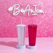 Paris Hilton 2 Pack 26oz Double Wall Diamond Textured Plastic Tumblers with Straw, White Rainbow Iridescent and Hot Pink