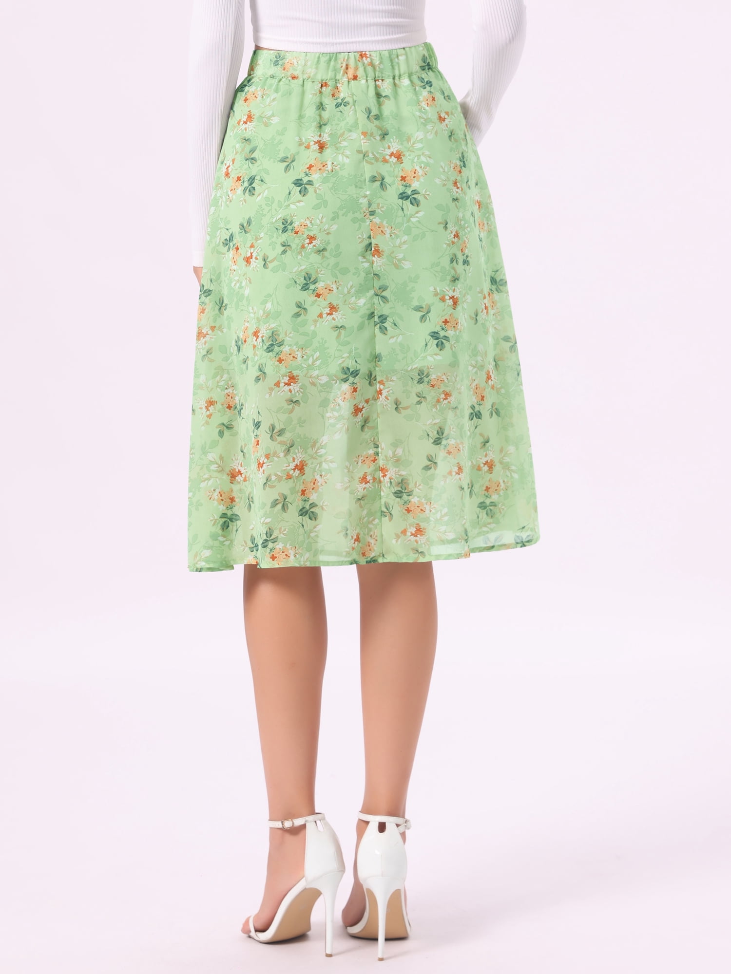 DARING DIVA Women's Floral Midi A-Line Chiffon High Waisted Skirt M Green Orange