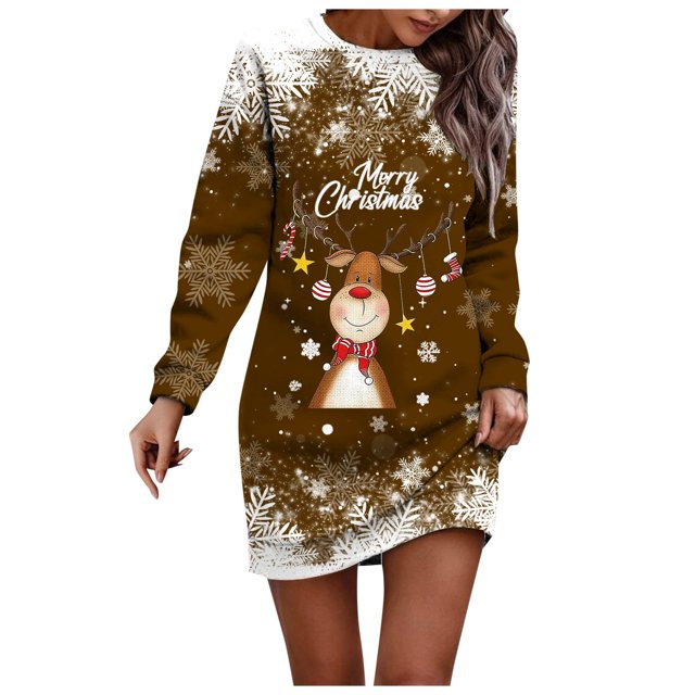 Wyzesi Robe Décontractée Robe Chandail de Noël Imprimée pour Femme Col Rond Manches Longues Ample Sans Capuche Robe Décontractée Pyjama de Noël Costume