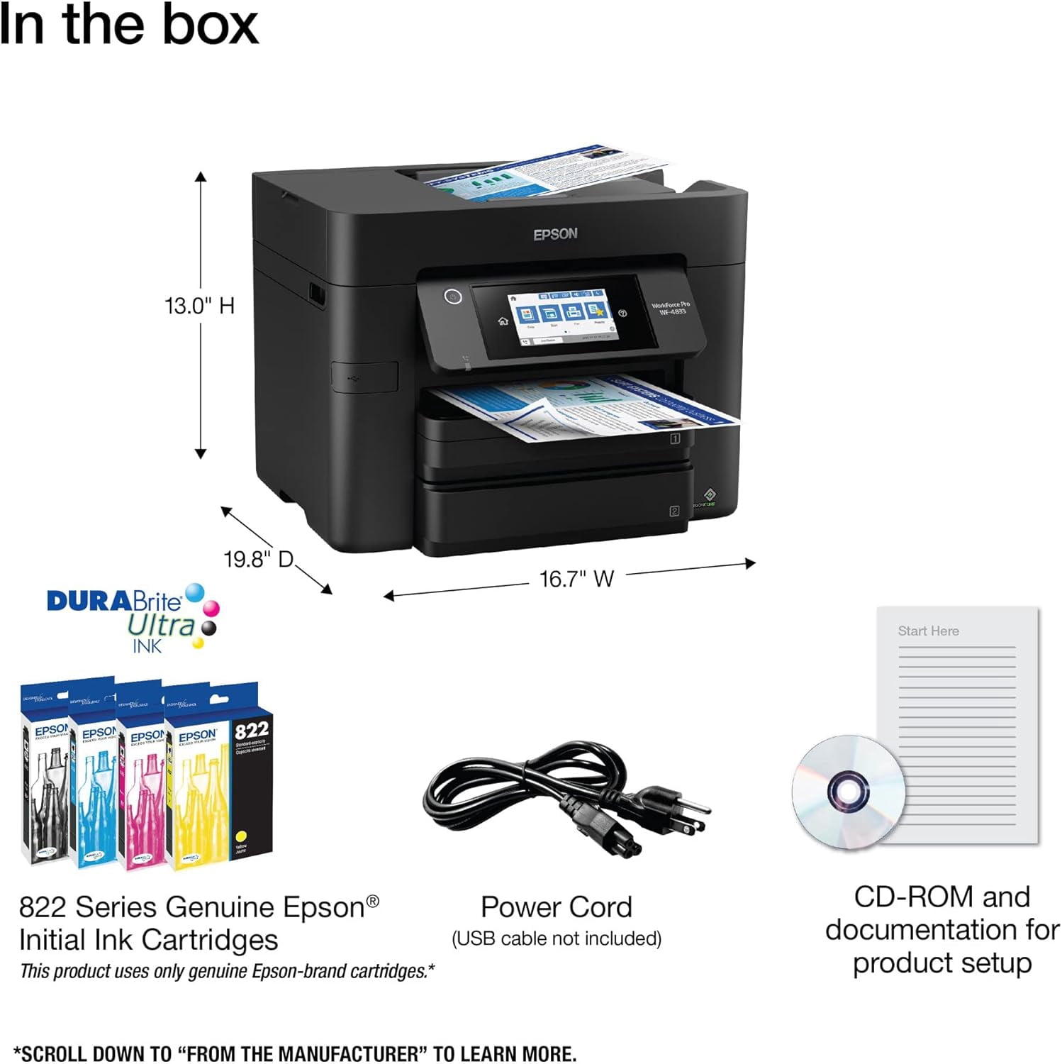 WorkForce Pro WF-4833 Wireless All-in-One Printer with Auto 2-Sided Print, 50-page ADF, 500-sheet Paper Capacity, and 4.3" Color Touchscreen (Sold without manufacturer warranty)