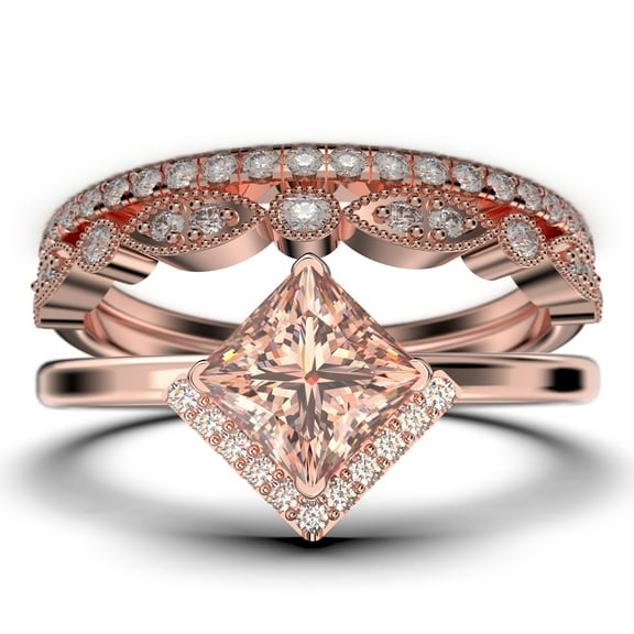 Boho & hippie 2.50 Carat Princess Cut Morganite And Diamond Moissanite Dainty Engagement Ring, Classic Wedding Ring, Two Matching Band in 925 Sterling Silver With 18k Rose Gold Plating, Gift For Her