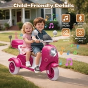 Track Seven 12V Ride on Motorcycle, 2-Seater Electric Motorcycle with Dual Motor, 3 Wheels Motorbike with Bluetooth, LED Lights, Storage Box, Front Hook, Ride on Toy Car for Kids Aged 3+, Rose Red