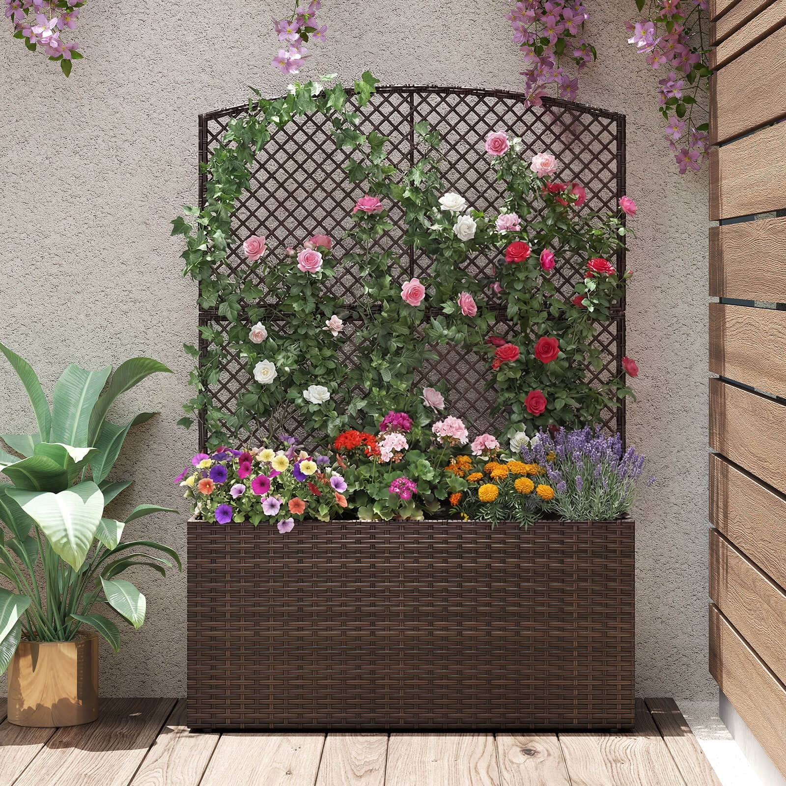 Costway 2 PCS 58” Raised Garden Bed with Trellis, Wicker Planter Box with Privacy Screen Brown