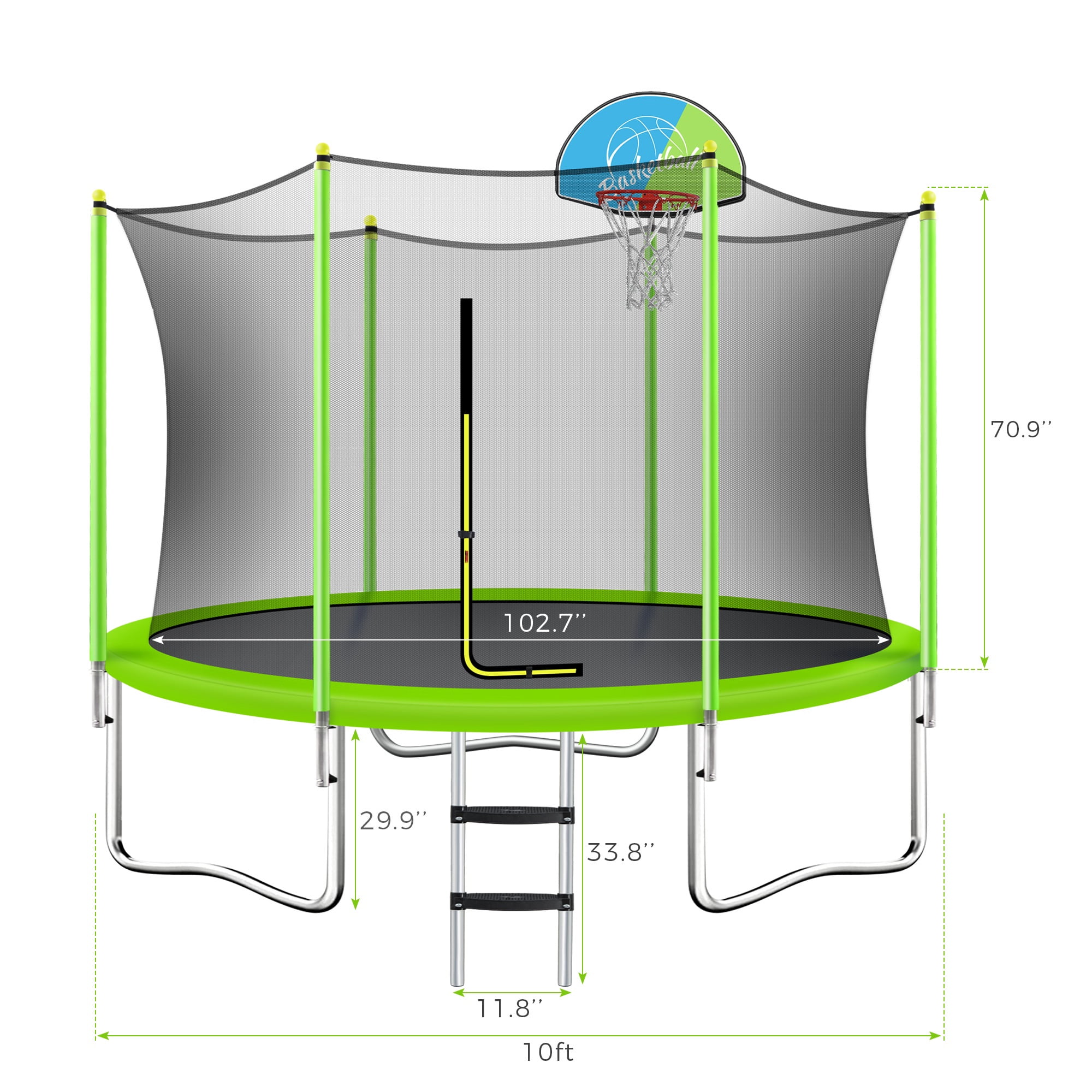 10FT Kids Trampoline Outdoor, SHINPT Large Trampoline with Enclosure Net, Recreational Trampoline for Families, Outdoor Trampoline with Basketball Hoop, Big trampoline for Backyard, Lawn, Patio