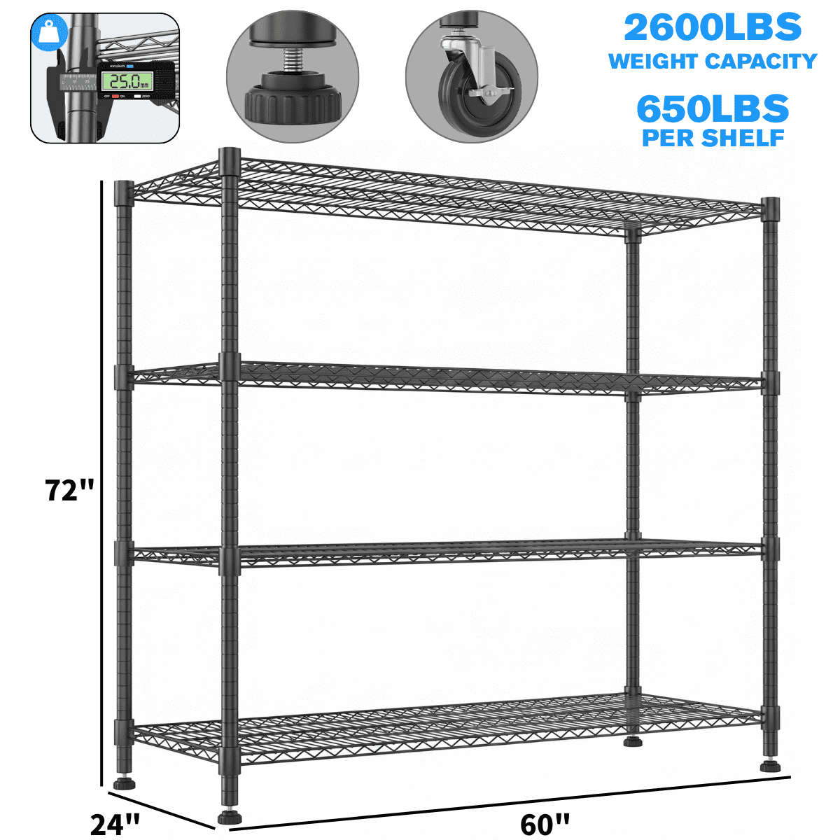Legooin 60" x 24" x 72" Heavy Duty Garage Storage Shelf Rolling Wire Rack Height Adjustable Steel Shelves for Industrial Residential Use, Black