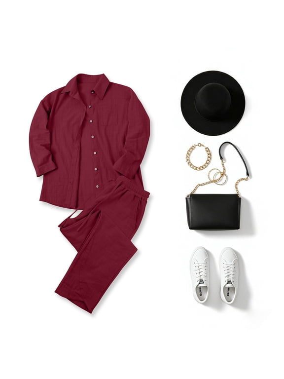 Women's Linen Pant Suit Fashion Athleisure Solid Color Drop Shoulder Long Sleeve Button Down Shirt and Pant Set S-5XL