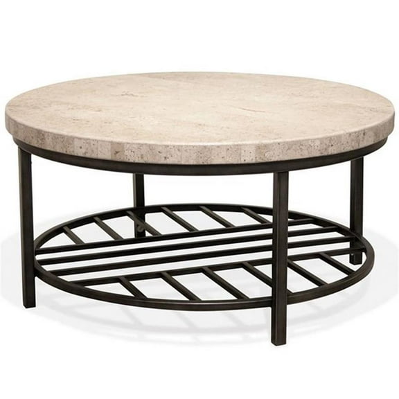 Bowery Hill Contemporary Round Stone Top Coffee Table in Alabaster Travertine
