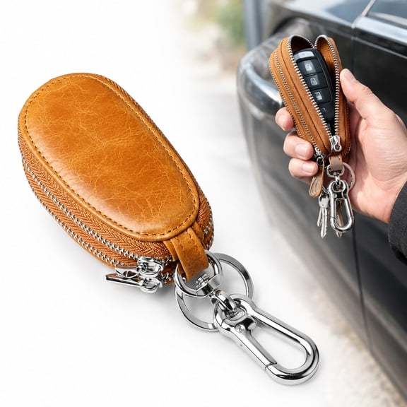 Leather Car Key Case, Genuine Cowhide Key Holder with Double Zipper and Metal Clip for Car Keys Fobs and Remotes
