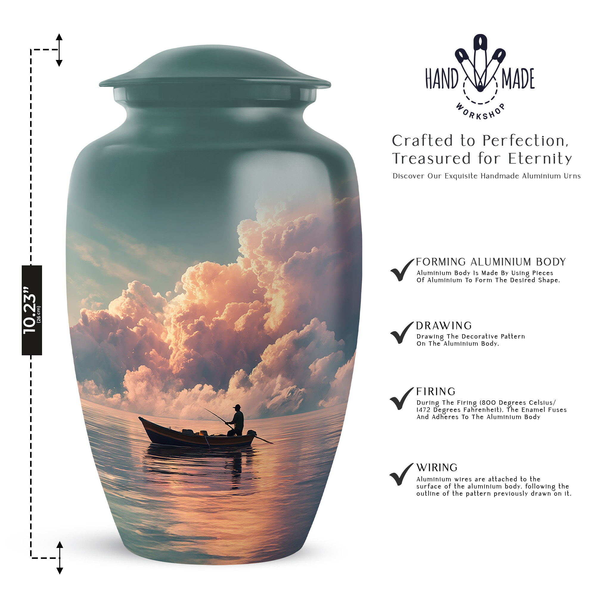 Fishing Man And Women's Urns For Human Ashes Adult - 1 Large Urn For Ashes For Women & Men - Blue Cremation Urn For Mothers Ash - Cloud Memorial Urns For Burial 10 Inch, 4 Keepsake Set
