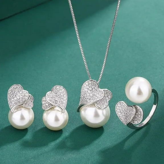 3Pcs S925 silver pearl earrings, ring and necklace set, imitation natural freshwater pearl pendant white shell pearl ring and earring set,3Pcs