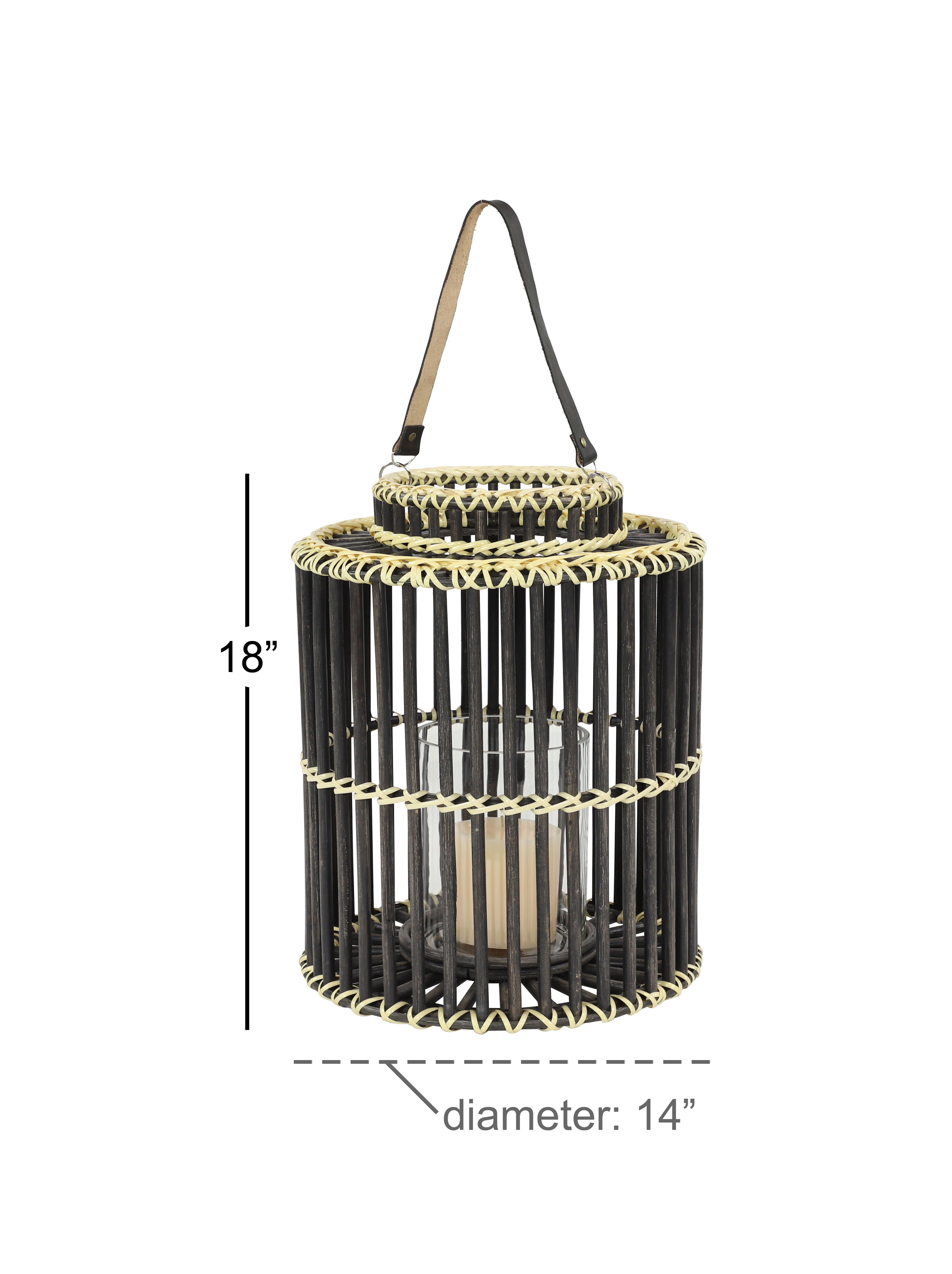 Decmode - 14” x 18” Large Cylindrical Black Rattan Rustic Lantern, Birdcage Shape
