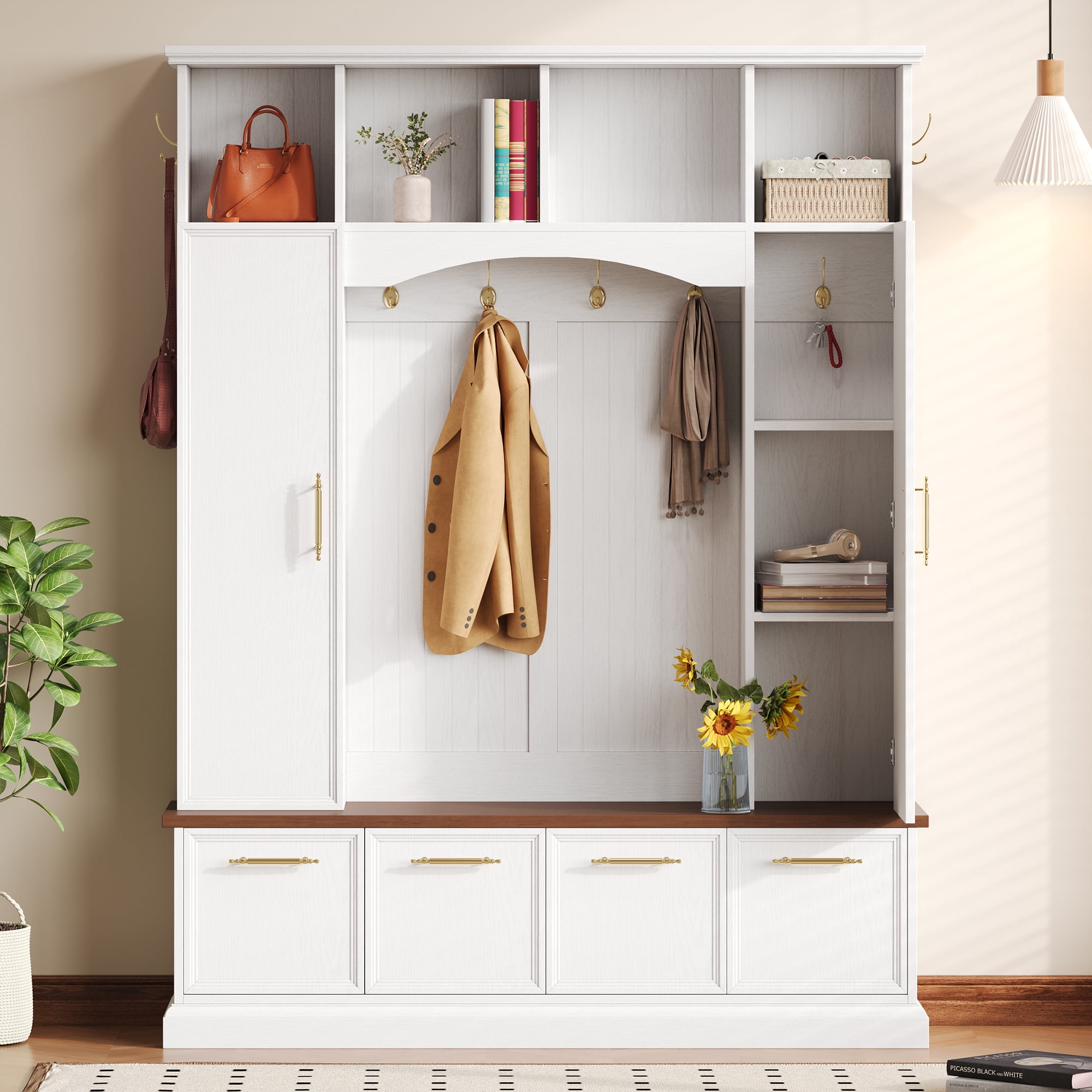 Euroco Wide Hall Tree with Golden Hooks & Handles, Practical Entryway Walnut Bench with Adjustable Shelves, 76.7"H Farmhouse Wooden Style Coat & Shoe Rack for Mudroom, Living Room, White