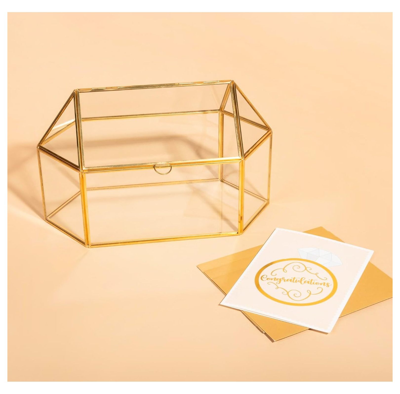 Glass Card Box with Golden Brass Accents - Wedding Gift Card Holder, Birthday Cards & Gifts, Bridal Shower Card Receiver - 13.18" x 7.87" x 5.91"
