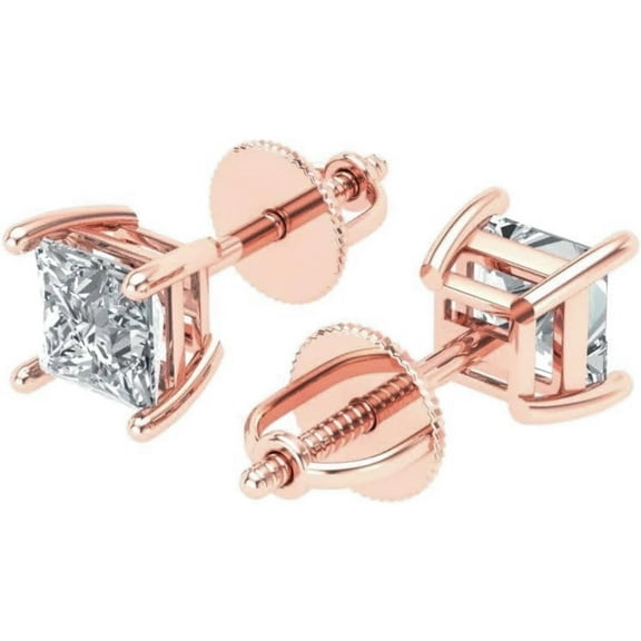 Small Pink Women's Solitaire Princess Cut Rose Gold Plated 925 Sterling Silver Tiny CZ Stud Screw Back Earrings