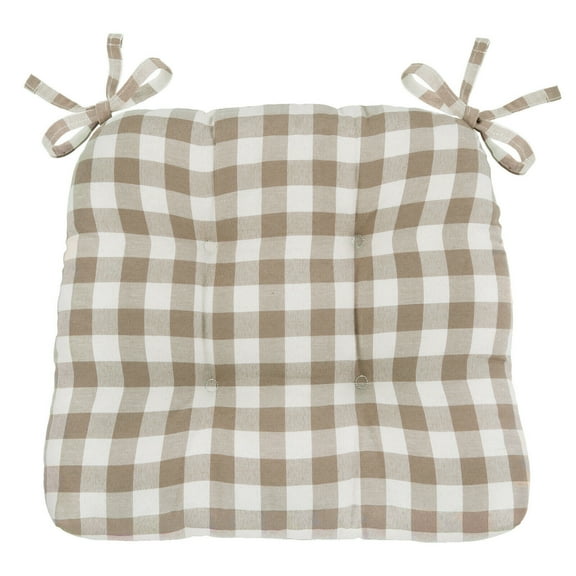 Kate Aurora Country Living Plush Gingham Plaid Checkered Country Farmhouse Chair Cushion/Pad With Tear Proof Ties - Linen/Beige