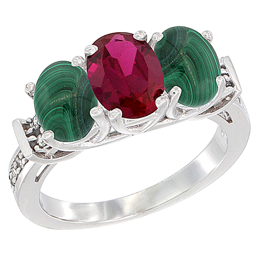 10K White Gold Enhanced Ruby & Malachite Sides Ring 3-Stone Oval Diamond Accent, sizes 5 10 by WorldJewels