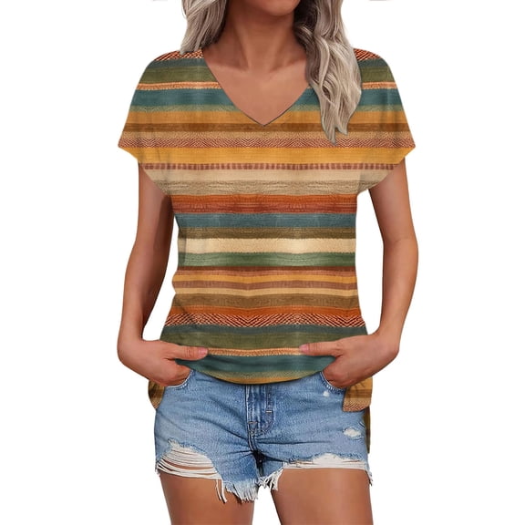 MEICHEN Short Sleeve Shirts Womens Fashion Casual Print V Neck T Shirt Plus Size Tops Loose Fit Blouse