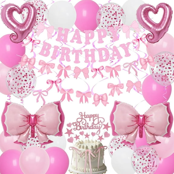 Pink Bow Birthday Decorations, Happy Birthday Banner Garland and Hanging Swirls, 28Pcs Balloons, Cake Toppers, Bow Themed Party Decorations for Girls Women