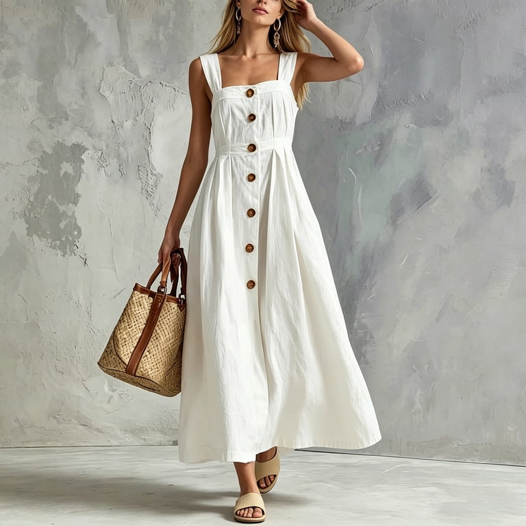 wide strap midi dress Oplxuo Midi Dress for Women Summer Sleeveless Wide Strap Dresses Button Down Sundress High Waist A Line Dress with Pockets, Women's, Size: Medium,