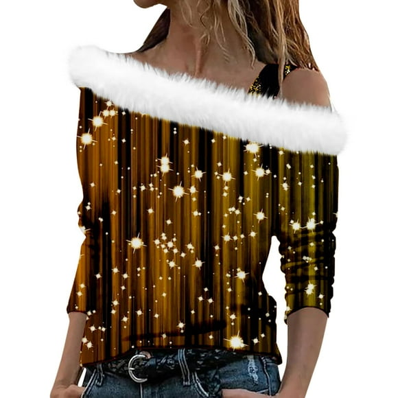 Alitao Mardi Gras Sweatshirt Sequin Tops Sequined Prints Fashion Casual One Shoulder Long Sleeve Collar Top Ladies Pullover Pullover Sweaters Fall Outfits Gold 3XL