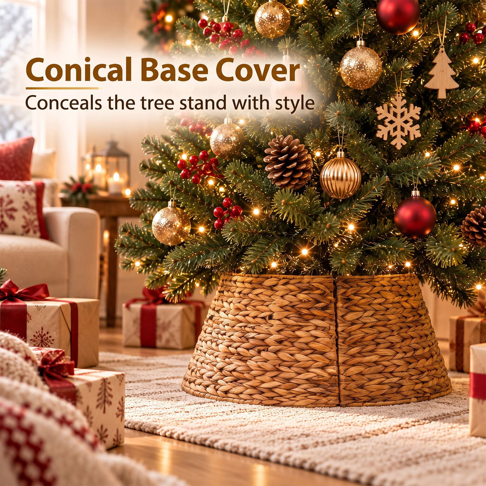 Alvantor Christmas Tree Collar, Woven Rattan Stand Cover with Cord Port, Brown 24IN