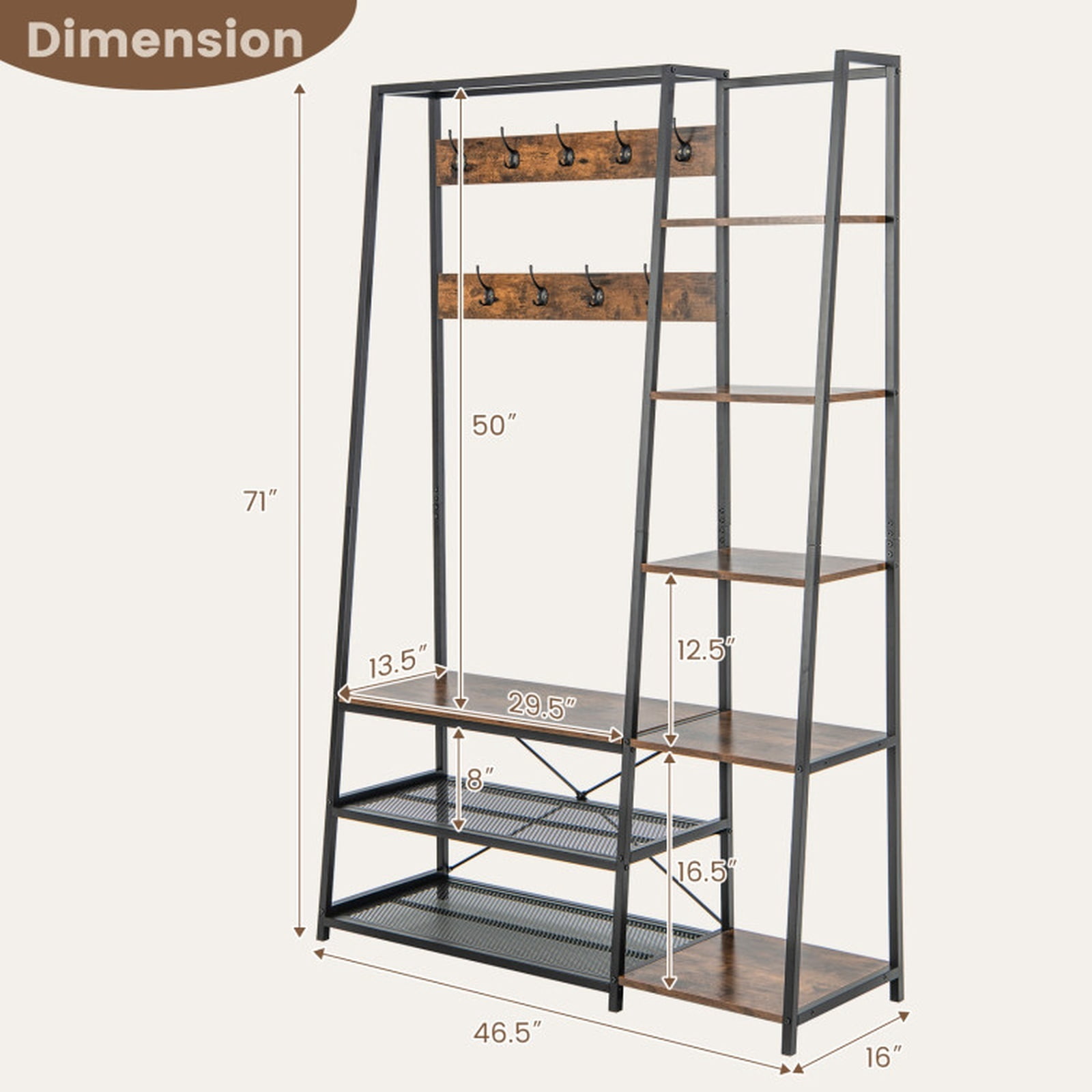 Furnibear 5 in 1 Entryway Hall Tree with Storage Bench and 9 Hooks and Shoe Shelves for Mudroom and Bedroom, Rustic Brown