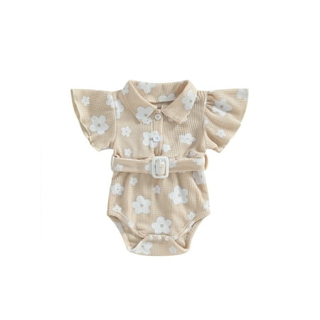 

Wassery Baby Girls Romper Summer Casual Clothes 3 6 12 18 Months Infant Girls Short Sleeves Lapel Buttons Floral Jumpsuit with Waist Belt