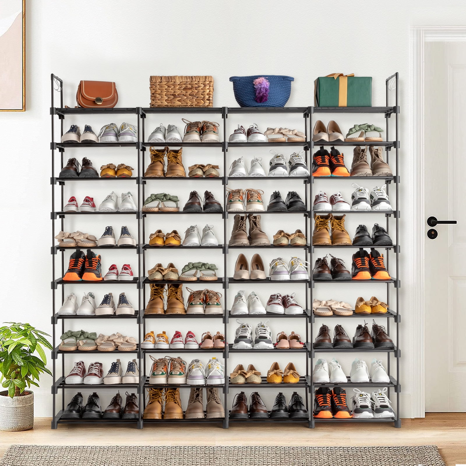 SESSLIFE 10 Tier Shoe Rack Organizer for Entryway 70-80 Pairs, DIY Stackable Shoe Rack for Closet Shoe Organizer with Sturdy Shelves and 4 Hooks, Metal Shoe Shelf Closet Organizer, Black