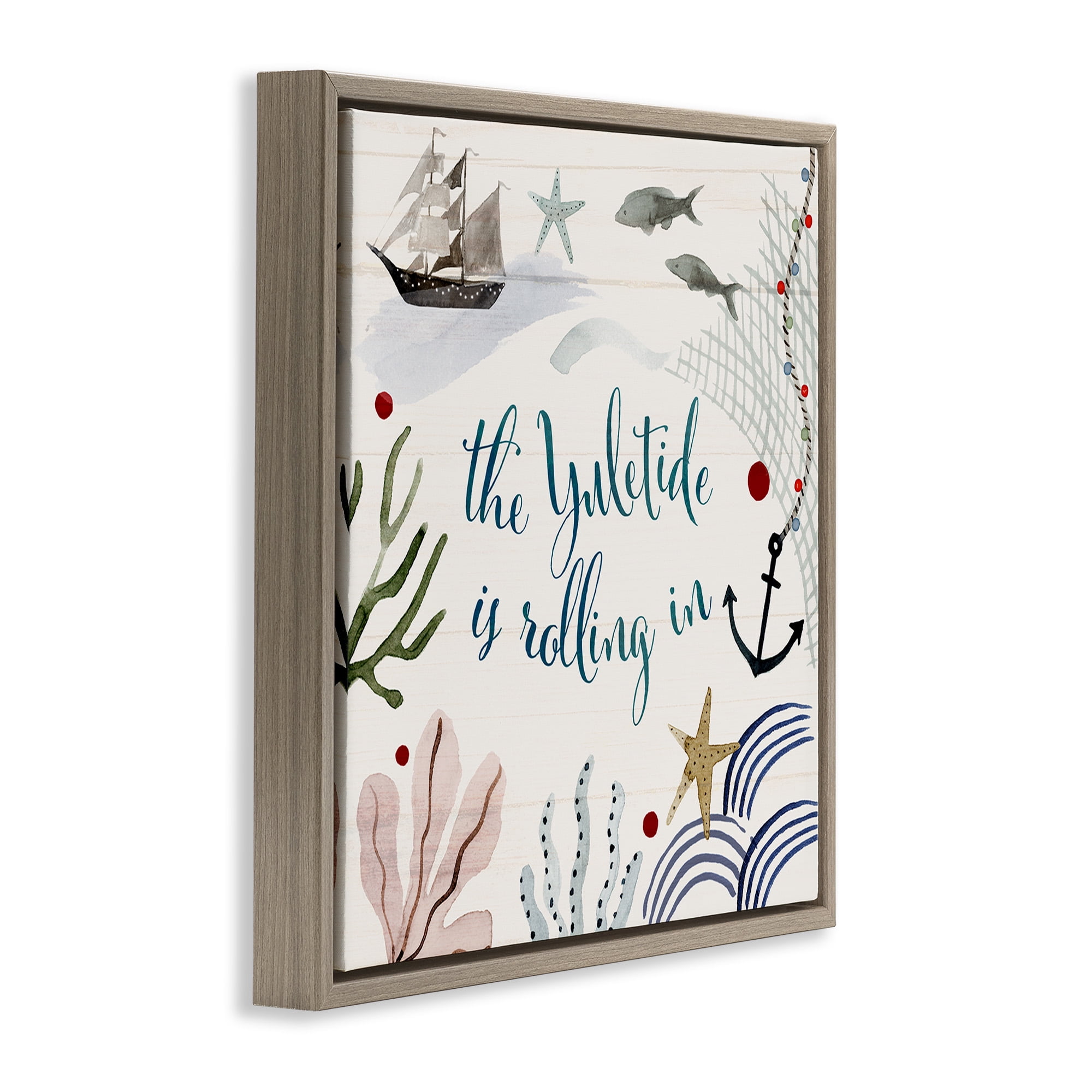 Stupell Industries Nautical Yuletide Christmas Phrase Holiday Painting Brown Floater Framed Canvas Art Print Wall Art, 25 x 25