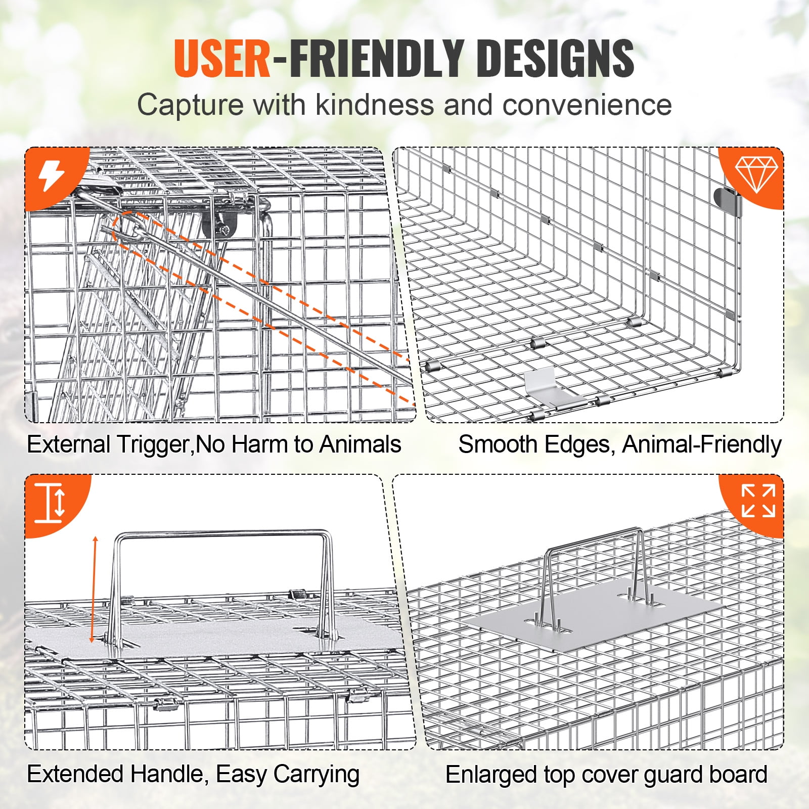 VEVOR Humane Live Animal Trap, Dimensions 50" x 20" x 26", Crafted from Galvanized Iron, Collapsible Design with Carrying Handle for Capturing Stray Dogs, Armadillos, Raccoons, Marmots, and Foxes