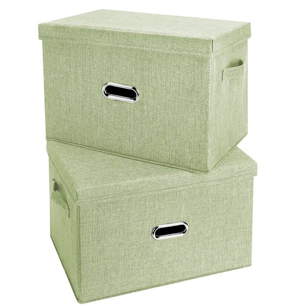 Valease Contenedores de almacenamiento plegables grandes de tela de lino con tapa extraíble y asas Caja de almacenamiento lavable Contenedores organizadores Cestas Cubo con cubierta para dormitorio of