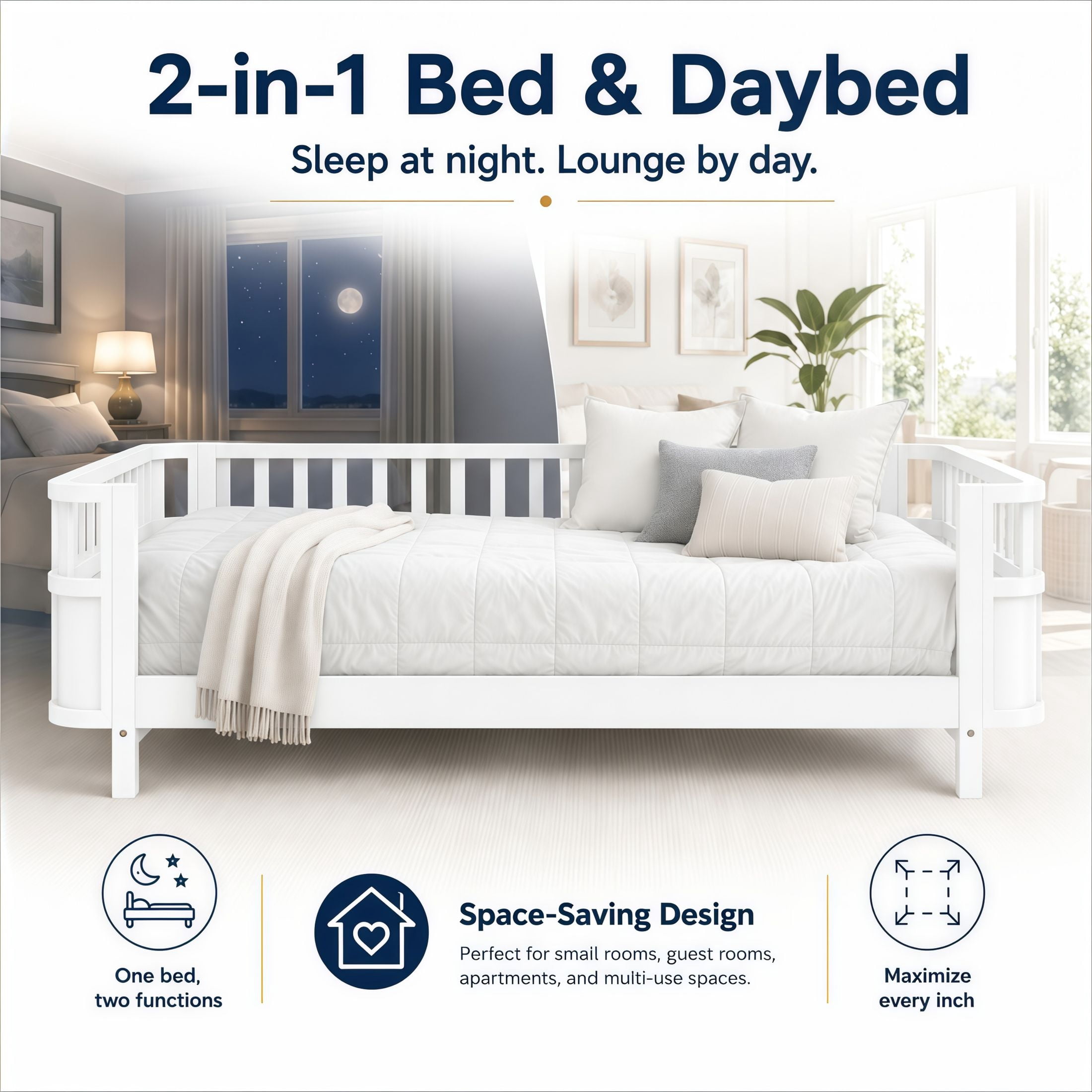 GDF Studio Darpel Full Size Wooden Montessori Bed Frame with Guard Rails, Pine Wood Low-Profile Floor Kids Bed, White