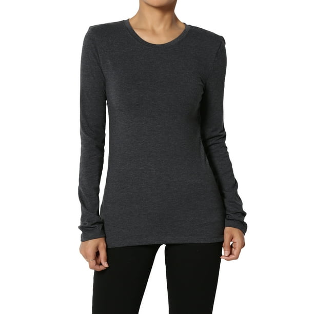 TheMogan - TheMogan Women's Basic Plain Solid Crew Neck Long Sleeve Tee Cotton Fitted T-Shirts