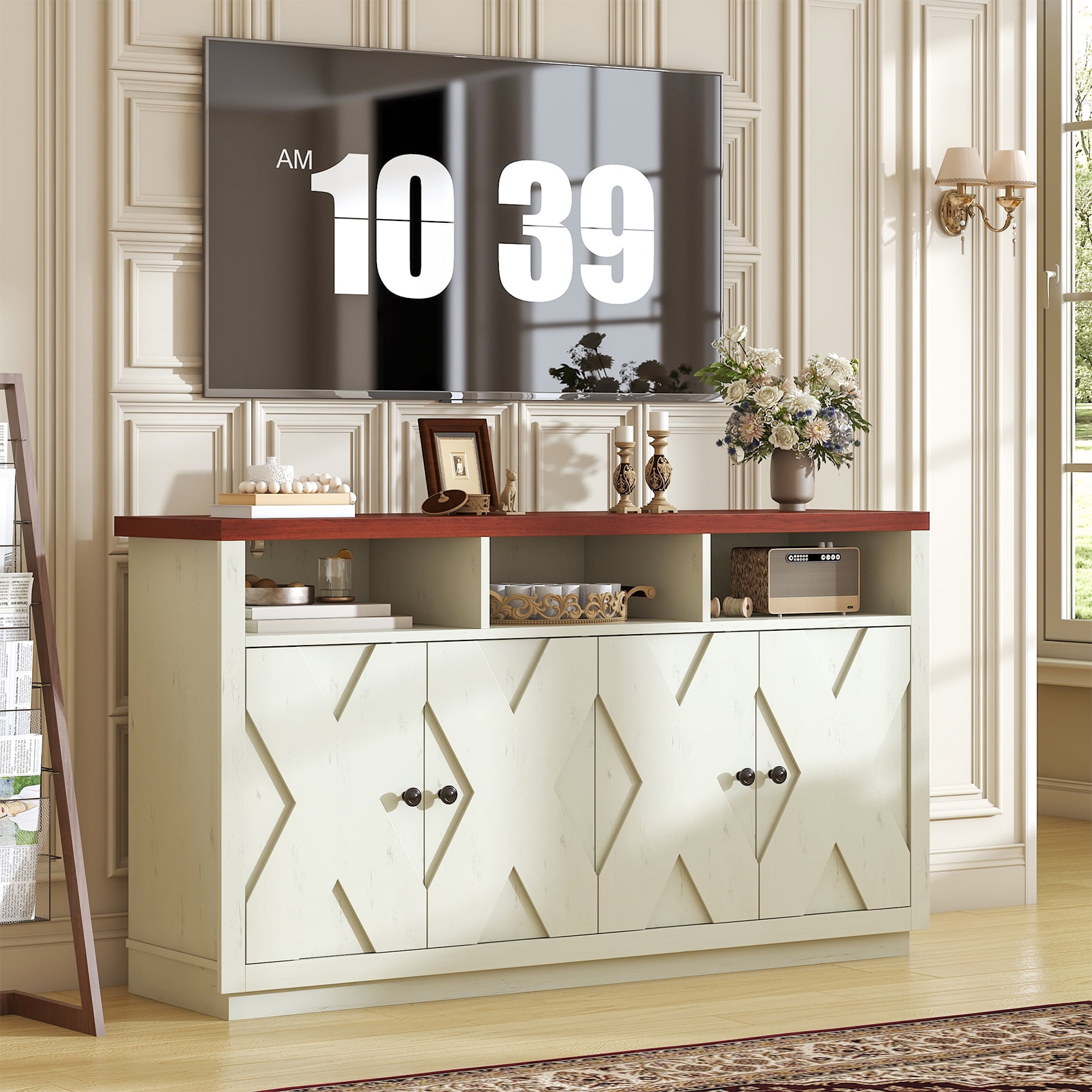 HAUXITIO 60" Farmhouse Buffet Cabinet with 4 Doors & Open Shelves,Kitchen Storage Sideboard for Dining Room & Living Room,Beige