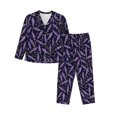 2 Piece Womens Pajama Sets - Lavender Flowers Black Purple Soft Sleepwear Comfy Pajamas Ladies Pj Lounge Sets with Pockets  Long Sleeve Button Shirt and Pajama Pants Pjs Sets for Women