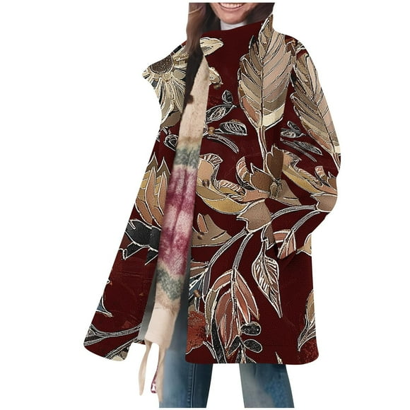 Fall/Winter Saving! srobpty Women's Long Sleeve Puffer Jacket, Women's Casual Warm Clothing Winter Daily Printed Loose Collar Button Long Sleeved Jacket Wine, L